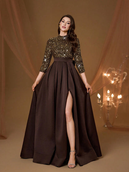 New Arrival High Neck Halter Fancy Evening Gown Dress Sequin Bow High Slit Satin A-Line Dress Party Wedding Black Spring