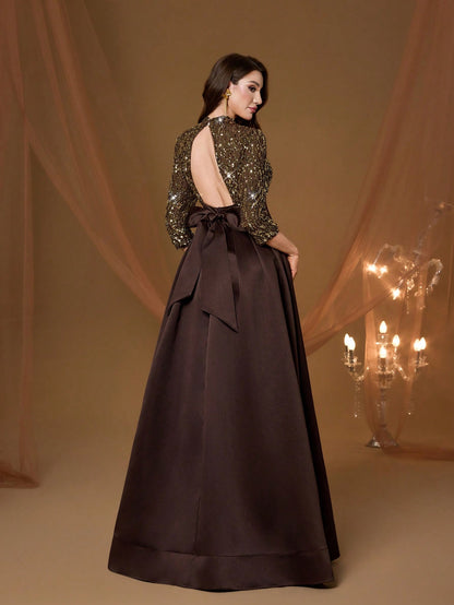 New Arrival High Neck Halter Fancy Evening Gown Dress Sequin Bow High Slit Satin A-Line Dress Party Wedding Black Spring