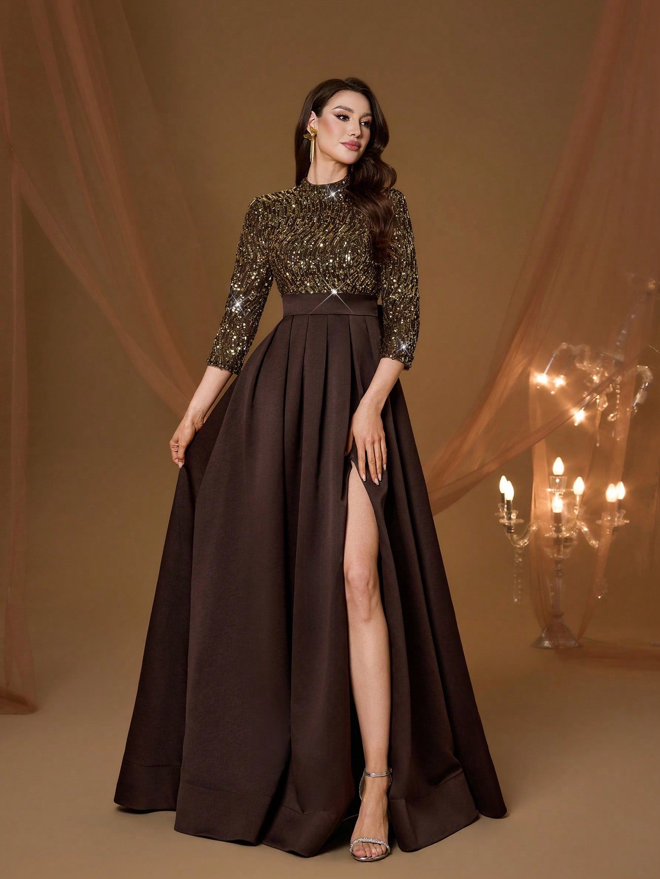 New Arrival High Neck Halter Fancy Evening Gown Dress Sequin Bow High Slit Satin A-Line Dress Party Wedding Black Spring