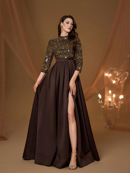 New Arrival High Neck Halter Fancy Evening Gown Dress Sequin Bow High Slit Satin A-Line Dress Party Wedding Black Spring