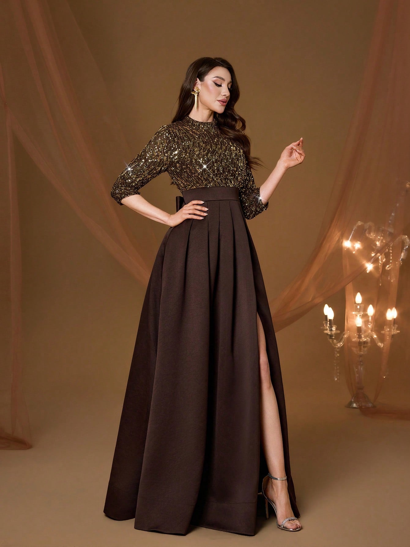 New Arrival High Neck Halter Fancy Evening Gown Dress Sequin Bow High Slit Satin A-Line Dress Party Wedding Black Spring