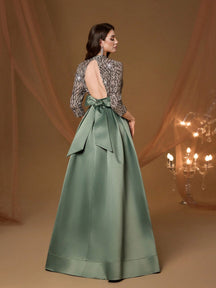 New Arrival High Neck Halter Fancy Evening Gown Dress Sequin Bow High Slit Satin A-Line Dress Party Wedding Black Spring