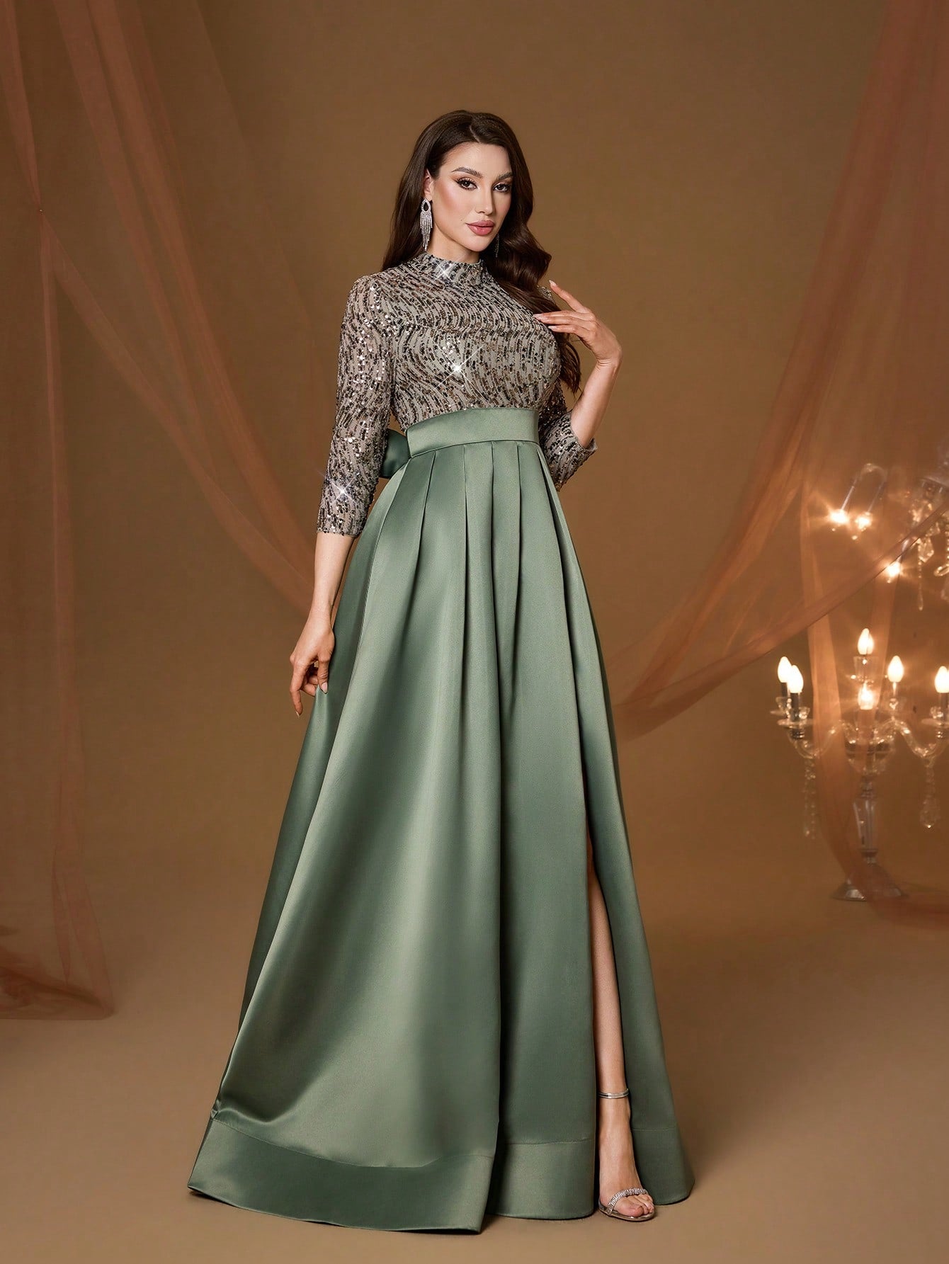New Arrival High Neck Halter Fancy Evening Gown Dress Sequin Bow High Slit Satin A-Line Dress Party Wedding Black Spring