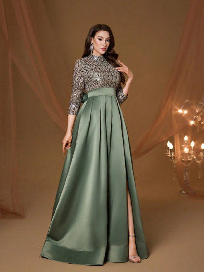 New Arrival High Neck Halter Fancy Evening Gown Dress Sequin Bow High Slit Satin A-Line Dress Party Wedding Black Spring