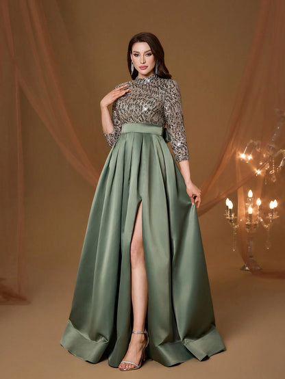New Arrival High Neck Halter Fancy Evening Gown Dress Sequin Bow High Slit Satin A-Line Dress Party Wedding Black Spring