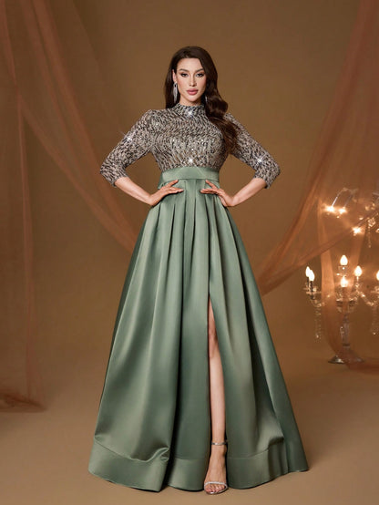 New Arrival High Neck Halter Fancy Evening Gown Dress Sequin Bow High Slit Satin A-Line Dress Party Wedding Black Spring