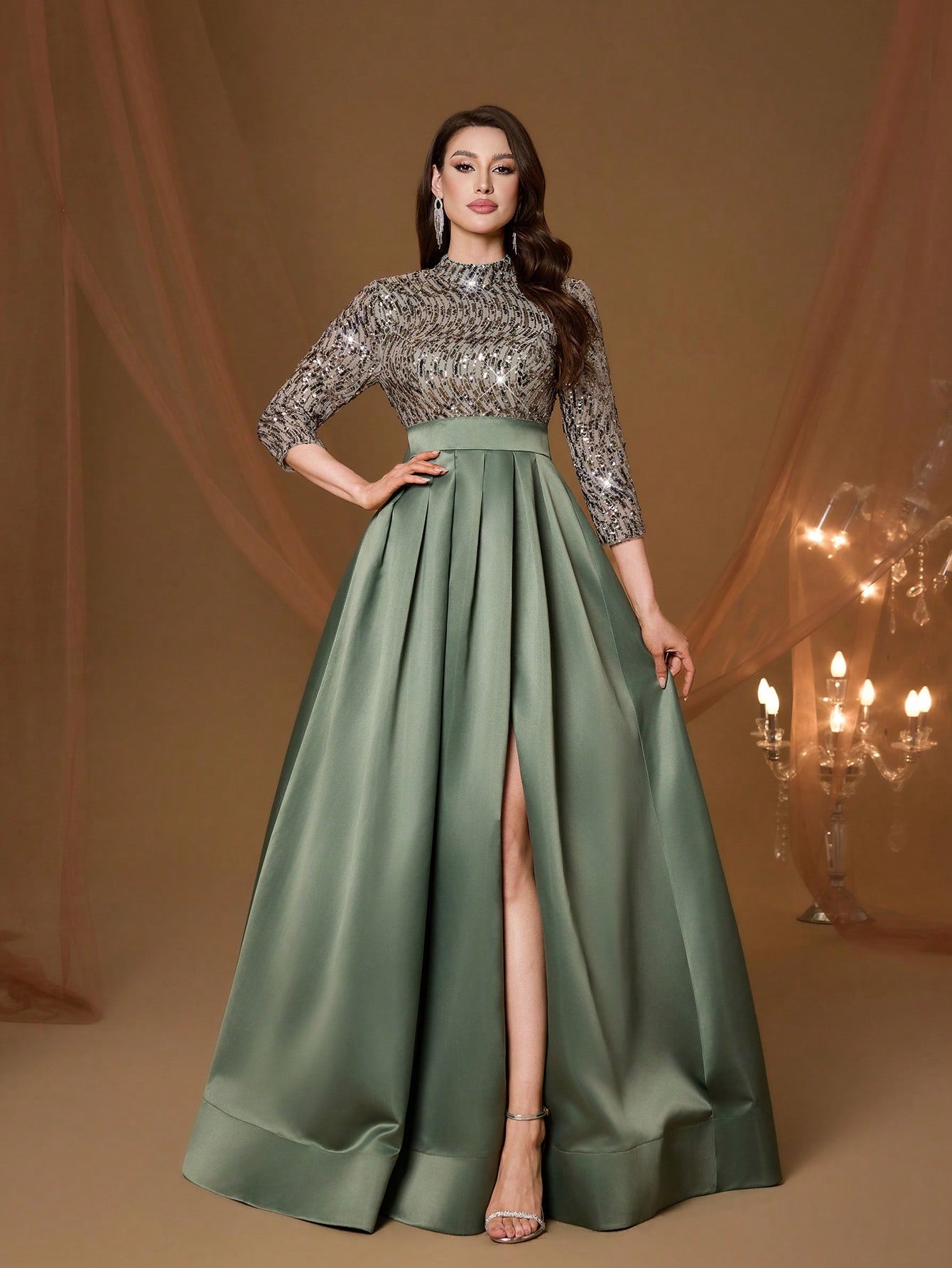 New Arrival High Neck Halter Fancy Evening Gown Dress Sequin Bow High Slit Satin A-Line Dress Party Wedding Black Spring