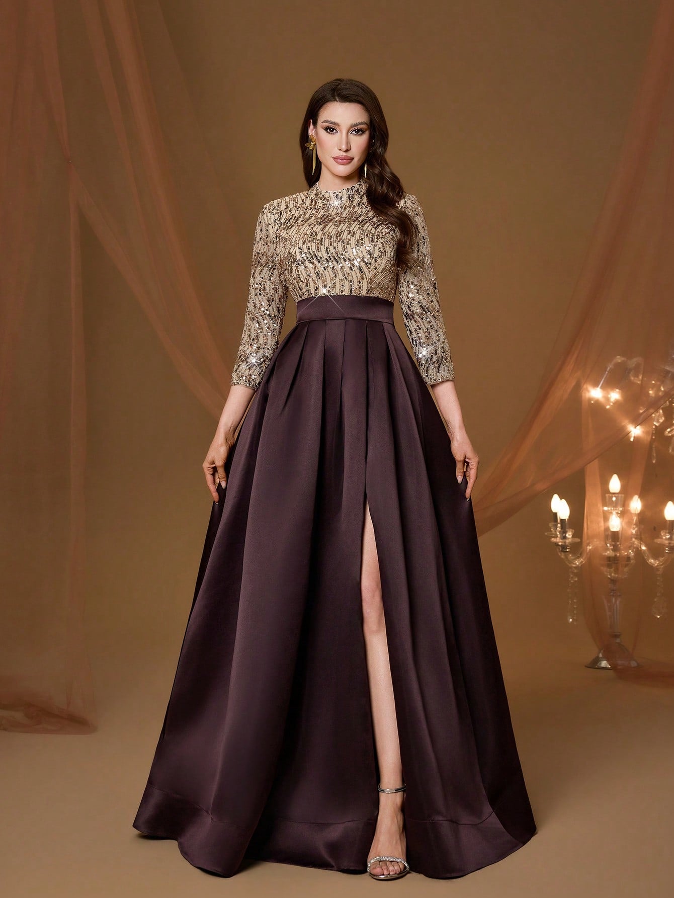 New Arrival High Neck Halter Fancy Evening Gown Dress Sequin Bow High Slit Satin A-Line Dress Party Wedding Black Spring