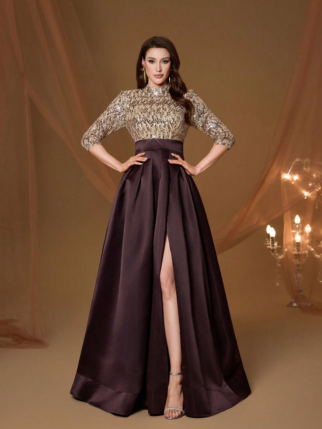 New Arrival High Neck Halter Fancy Evening Gown Dress Sequin Bow High Slit Satin A-Line Dress Party Wedding Black Spring