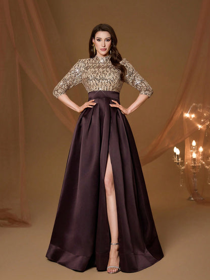 New Arrival High Neck Halter Fancy Evening Gown Dress Sequin Bow High Slit Satin A-Line Dress Party Wedding Black Spring