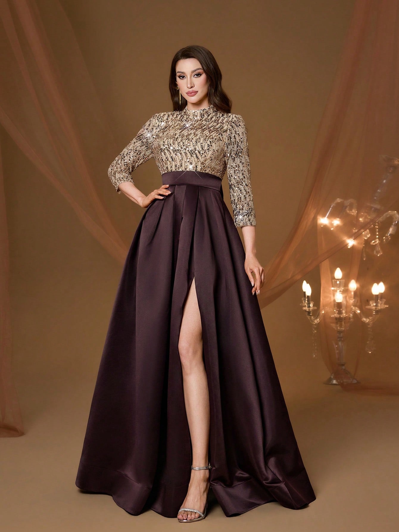New Arrival High Neck Halter Fancy Evening Gown Dress Sequin Bow High Slit Satin A-Line Dress Party Wedding Black Spring
