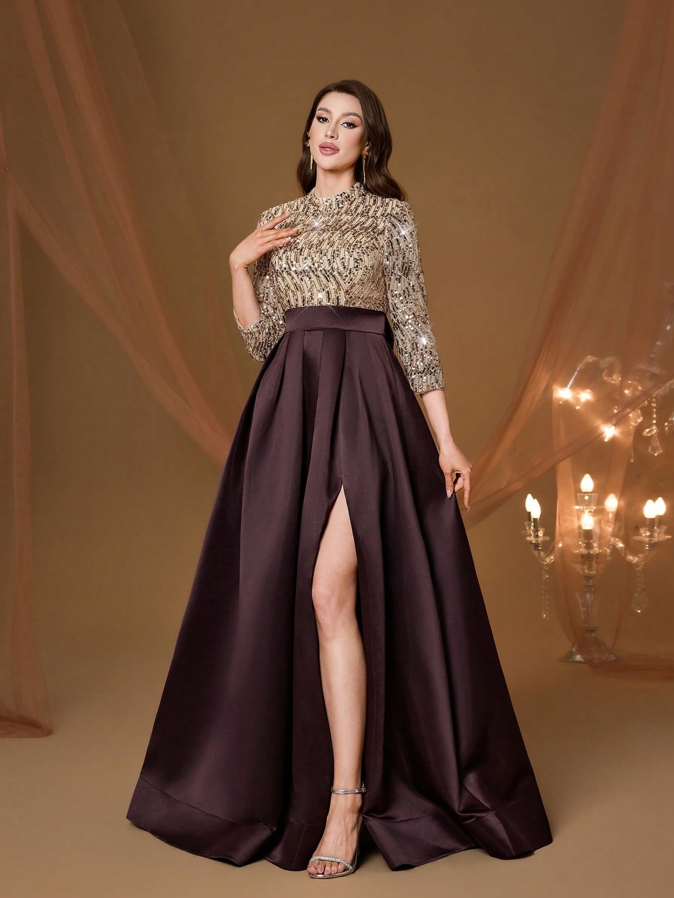 New Arrival High Neck Halter Fancy Evening Gown Dress Sequin Bow High Slit Satin A-Line Dress Party Wedding Black Spring