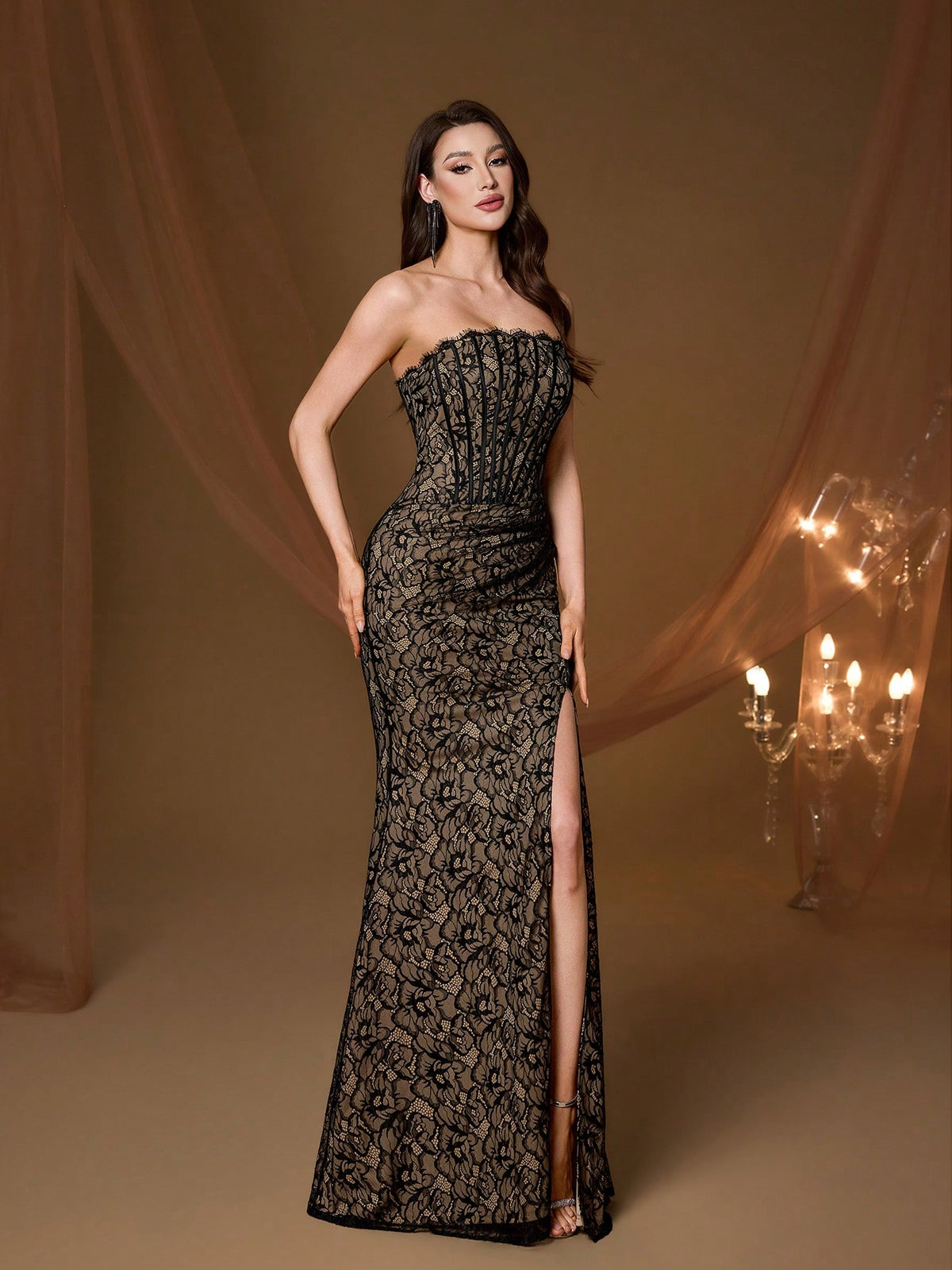 Elegant Strapless Corset Fitted Mermaid Evening Gown, Formal Wedding Guest Ball Party Holiday Outfit Fall