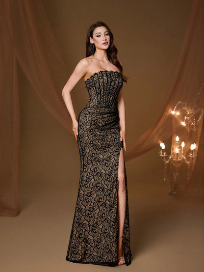Elegant Strapless Corset Fitted Mermaid Evening Gown, Formal Wedding Guest Ball Party Holiday Outfit Fall