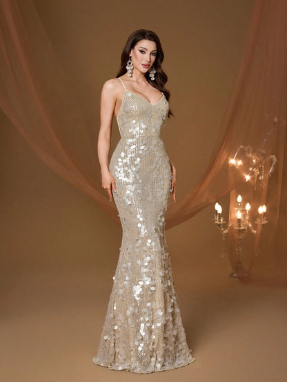 Champagne Sequin Mermaid Dress, Elegant Ladies' Summer Gala & Bridesmaid Evening Gown, Suitable For Parties And Holidays