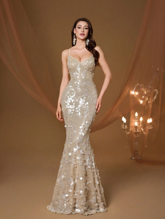 Champagne Sequin Mermaid Dress, Elegant Ladies' Summer Gala & Bridesmaid Evening Gown, Suitable For Parties And Holidays