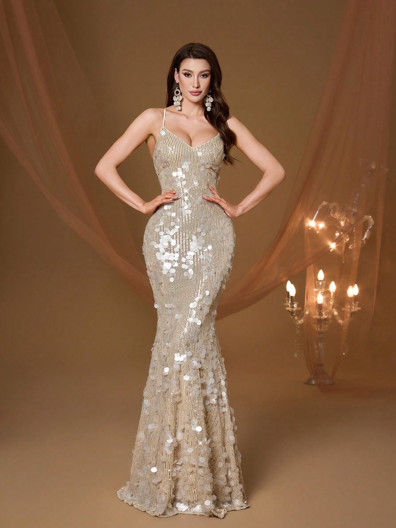 Champagne Sequin Mermaid Dress, Elegant Ladies' Summer Gala & Bridesmaid Evening Gown, Suitable For Parties And Holidays