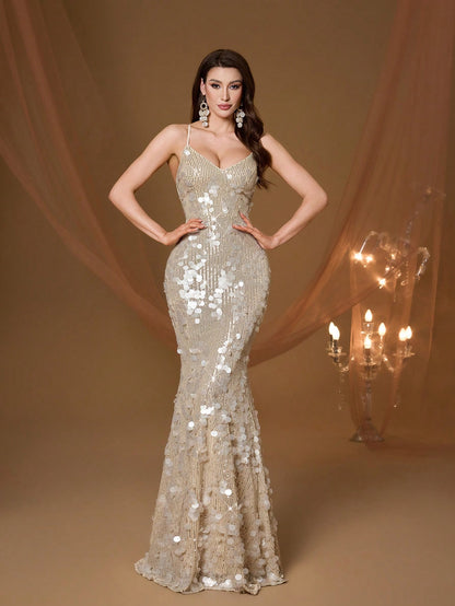 Champagne Sequin Mermaid Dress, Elegant Ladies' Summer Gala & Bridesmaid Evening Gown, Suitable For Parties And Holidays
