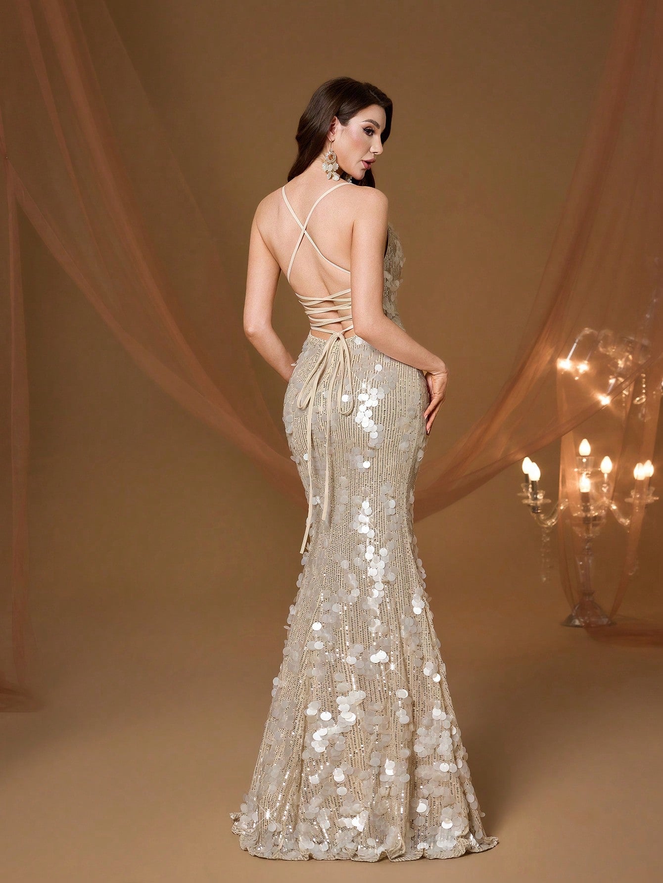 Champagne Sequin Mermaid Dress, Elegant Ladies' Summer Gala & Bridesmaid Evening Gown, Suitable For Parties And Holidays