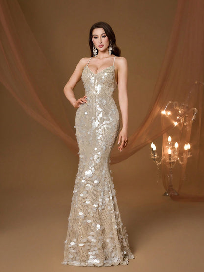 Champagne Sequin Mermaid Dress, Elegant Ladies' Summer Gala & Bridesmaid Evening Gown, Suitable For Parties And Holidays