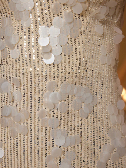 Champagne Sequin Mermaid Dress, Elegant Ladies' Summer Gala & Bridesmaid Evening Gown, Suitable For Parties And Holidays