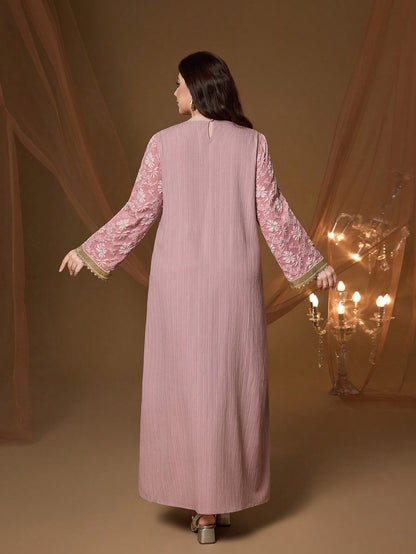 Plus Size Pink Floral Embroidery V-Neck Long Sleeve Dress, Elegant Ladies Summer Abaya Dress Suitable For Balls, Galas, Parties And Festivals