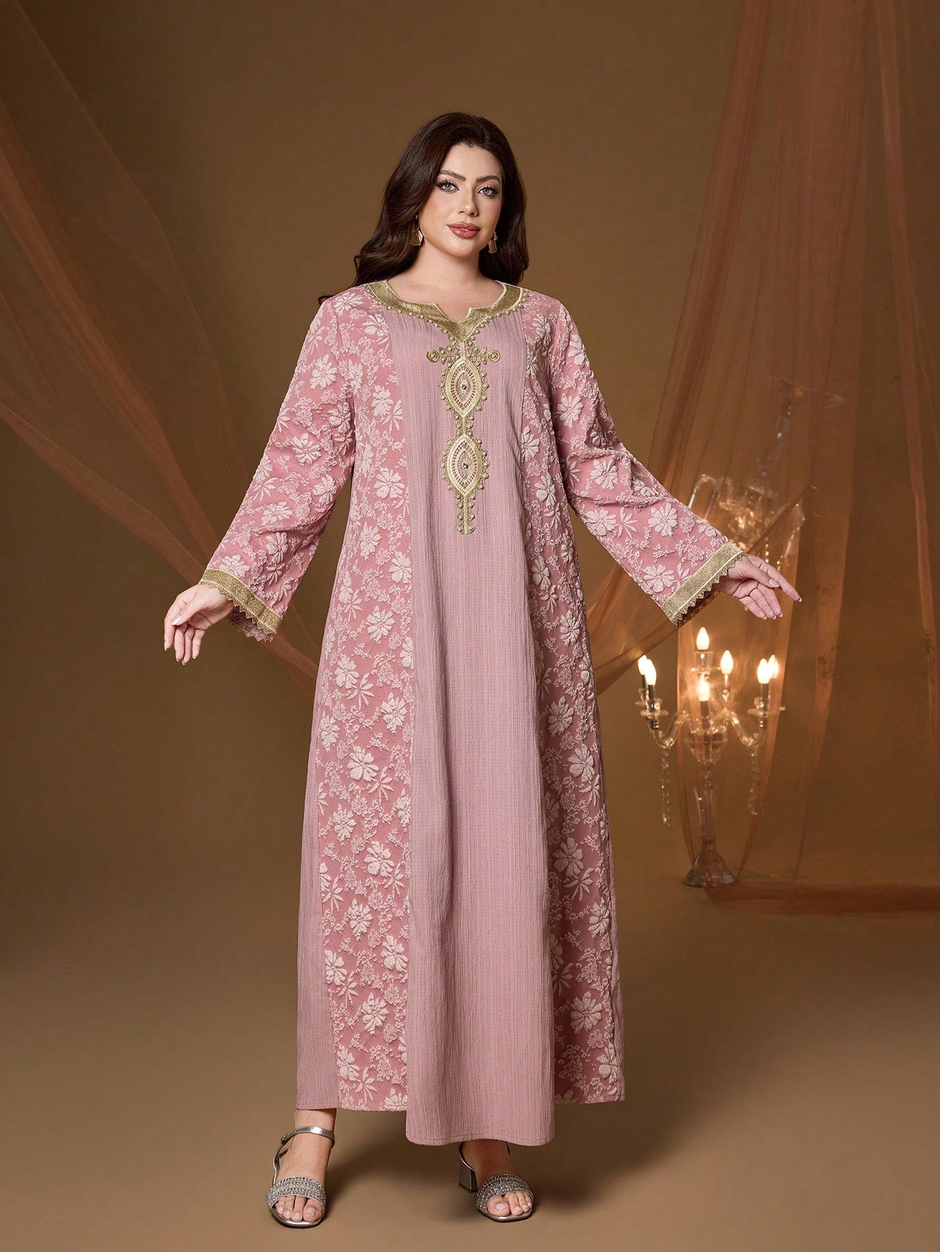Plus Size Pink Floral Embroidery V-Neck Long Sleeve Dress, Elegant Ladies Summer Abaya Dress Suitable For Balls, Galas, Parties And Festivals