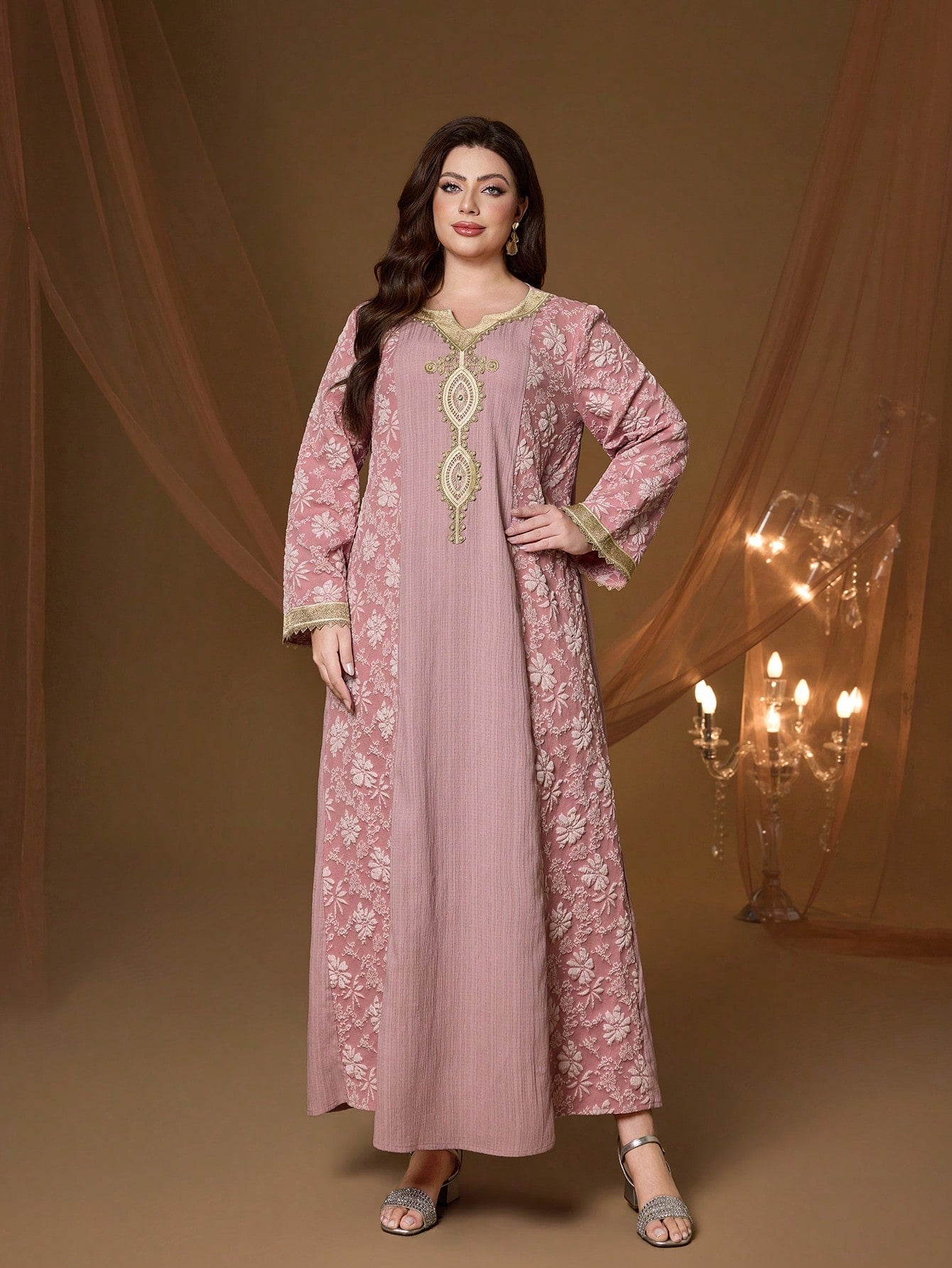Plus Size Pink Floral Embroidery V-Neck Long Sleeve Dress, Elegant Ladies Summer Abaya Dress Suitable For Balls, Galas, Parties And Festivals