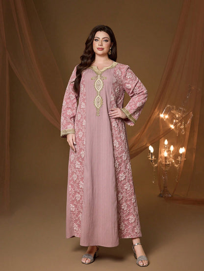 Plus Size Pink Floral Embroidery V-Neck Long Sleeve Dress, Elegant Ladies Summer Abaya Dress Suitable For Balls, Galas, Parties And Festivals