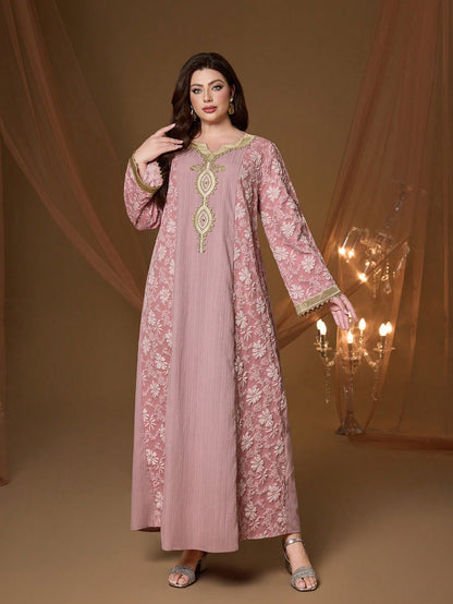 Plus Size Pink Floral Embroidery V-Neck Long Sleeve Dress, Elegant Ladies Summer Abaya Dress Suitable For Balls, Galas, Parties And Festivals