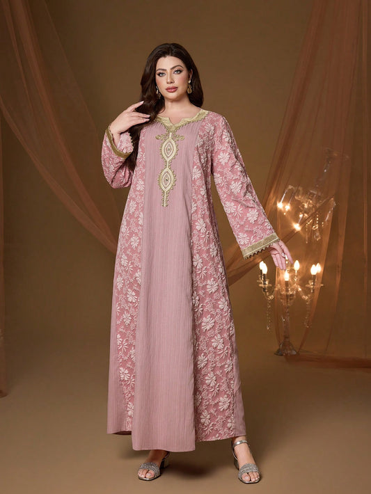 Plus Size Pink Floral Embroidery V-Neck Long Sleeve Dress, Elegant Ladies Summer Abaya Dress Suitable For Balls, Galas, Parties And Festivals