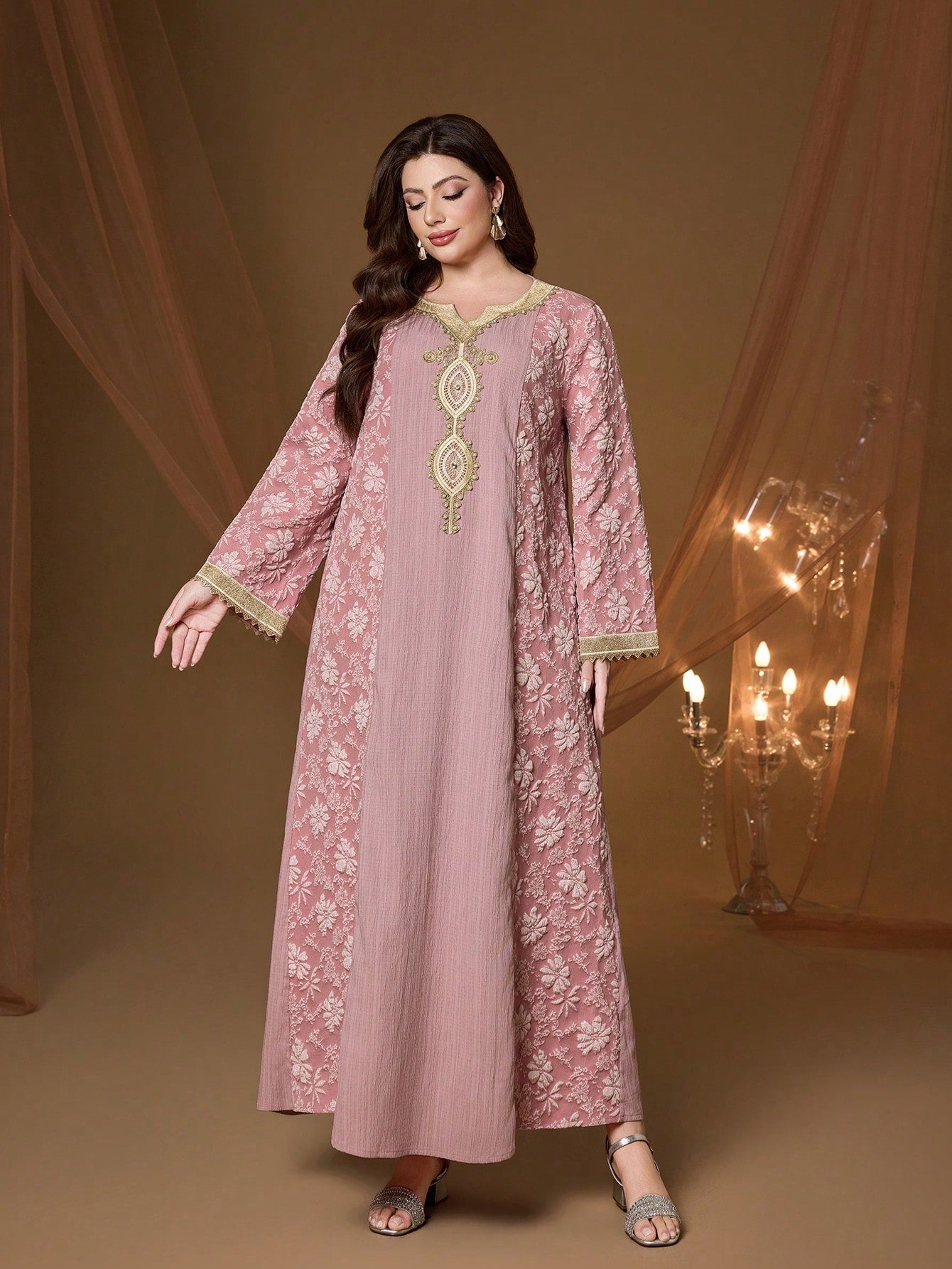 Plus Size Pink Floral Embroidery V-Neck Long Sleeve Dress, Elegant Ladies Summer Abaya Dress Suitable For Balls, Galas, Parties And Festivals