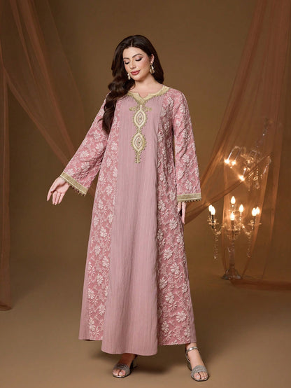 Plus Size Pink Floral Embroidery V-Neck Long Sleeve Dress, Elegant Ladies Summer Abaya Dress Suitable For Balls, Galas, Parties And Festivals