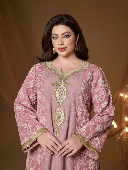 Plus Size Pink Floral Embroidery V-Neck Long Sleeve Dress, Elegant Ladies Summer Abaya Dress Suitable For Balls, Galas, Parties And Festivals