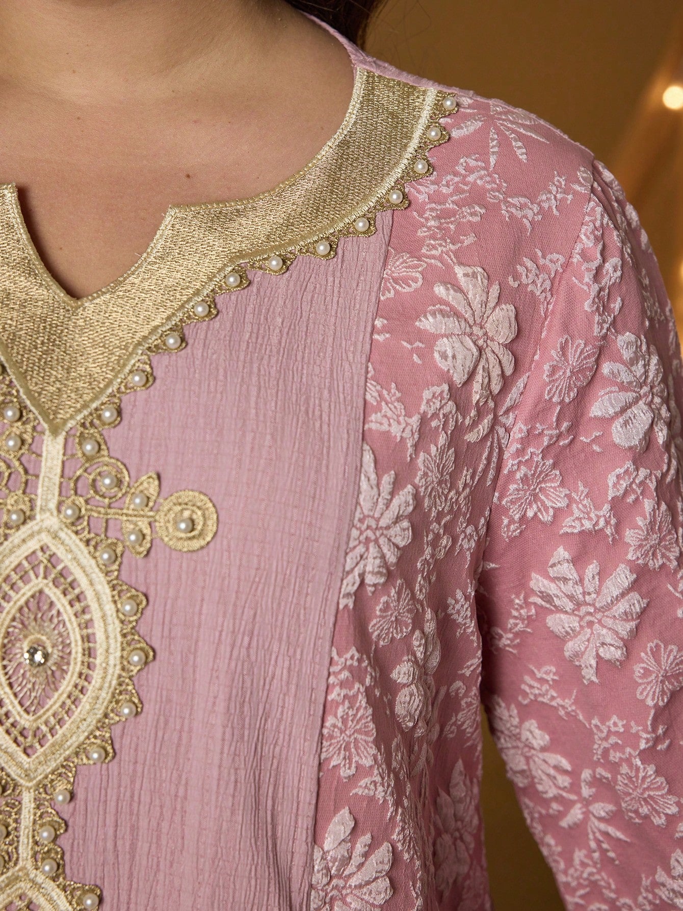 Plus Size Pink Floral Embroidery V-Neck Long Sleeve Dress, Elegant Ladies Summer Abaya Dress Suitable For Balls, Galas, Parties And Festivals