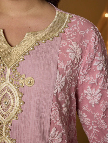 Plus Size Pink Floral Embroidery V-Neck Long Sleeve Dress, Elegant Ladies Summer Abaya Dress Suitable For Balls, Galas, Parties And Festivals