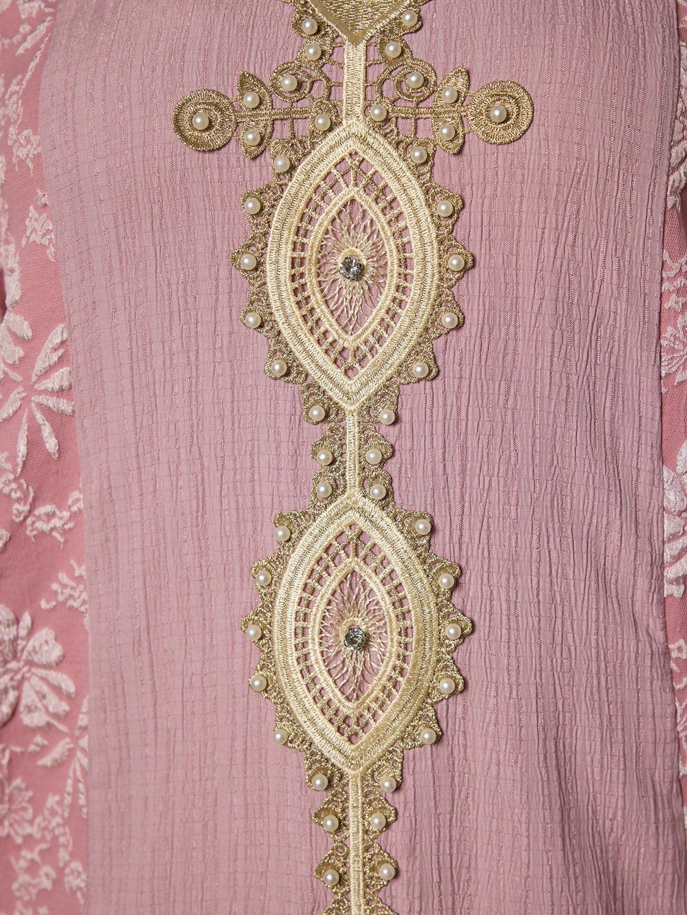 Plus Size Pink Floral Embroidery V-Neck Long Sleeve Dress, Elegant Ladies Summer Abaya Dress Suitable For Balls, Galas, Parties And Festivals