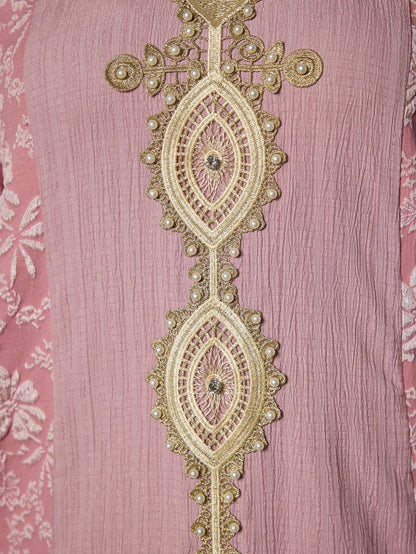 Plus Size Pink Floral Embroidery V-Neck Long Sleeve Dress, Elegant Ladies Summer Abaya Dress Suitable For Balls, Galas, Parties And Festivals