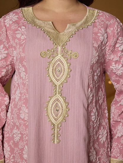 Plus Size Pink Floral Embroidery V-Neck Long Sleeve Dress, Elegant Ladies Summer Abaya Dress Suitable For Balls, Galas, Parties And Festivals