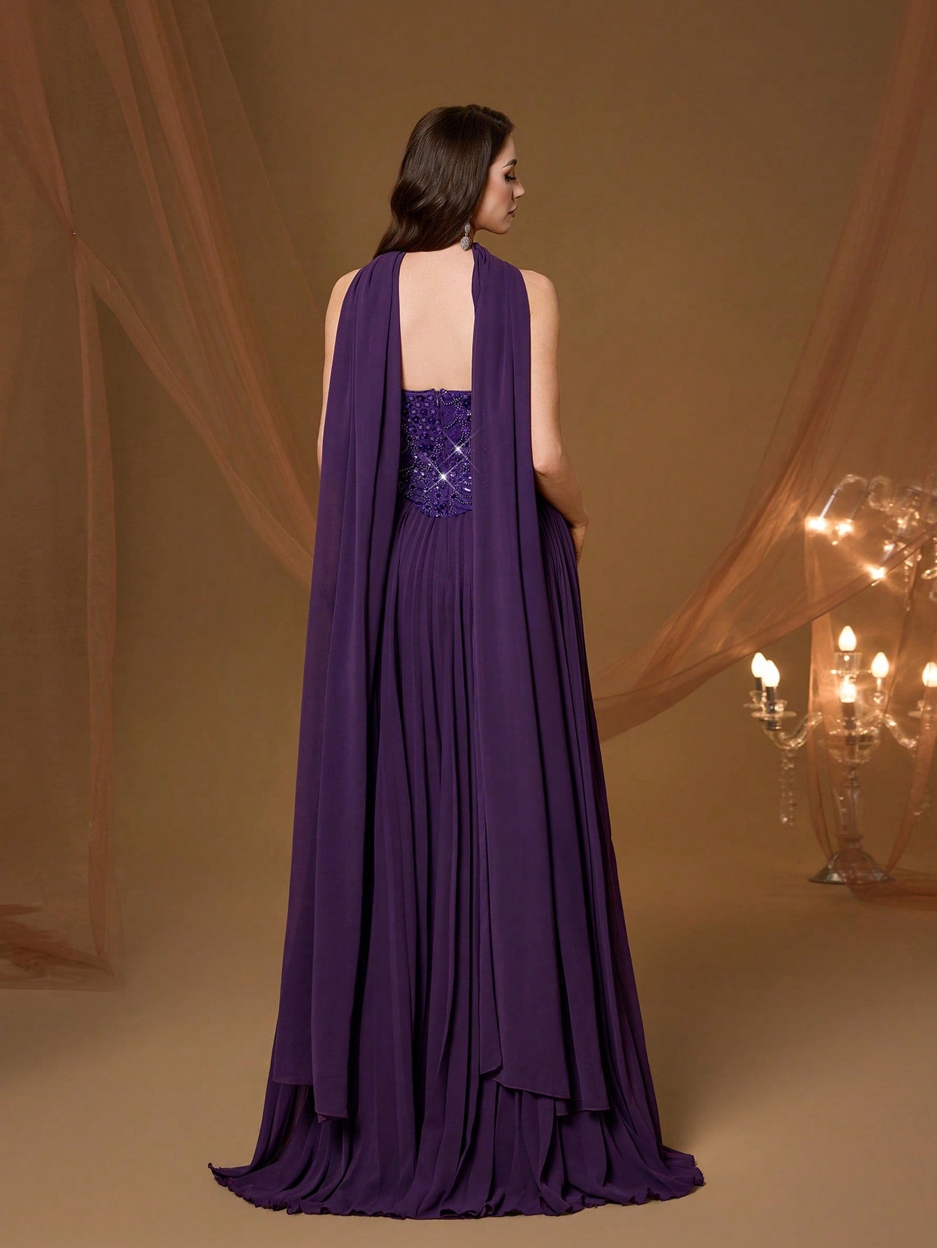Purple Strapless Beaded Pleated Chiffon Maxi Dress, Elegant Ladies Summer Ball Gown & Bridesmaid Evening Dress With Shawl, Suitable For Party And Holiday