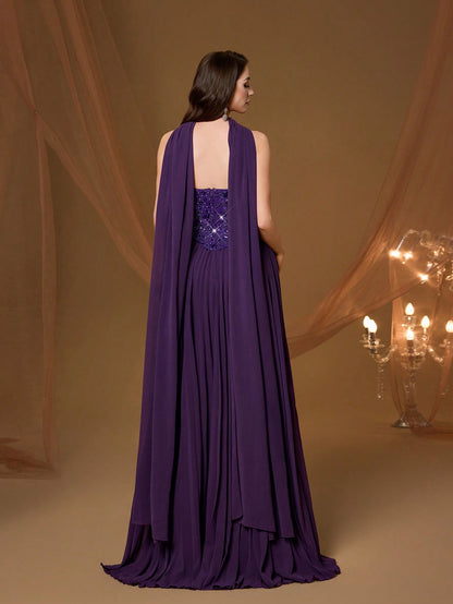 Purple Strapless Beaded Pleated Chiffon Maxi Dress, Elegant Ladies Summer Ball Gown & Bridesmaid Evening Dress With Shawl, Suitable For Party And Holiday