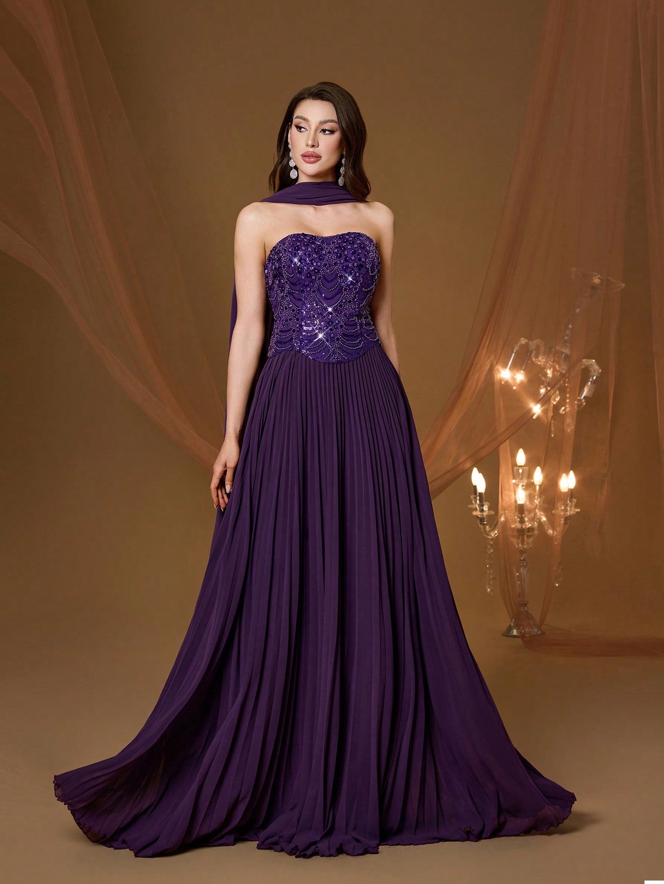 Purple Strapless Beaded Pleated Chiffon Maxi Dress, Elegant Ladies Summer Ball Gown & Bridesmaid Evening Dress With Shawl, Suitable For Party And Holiday