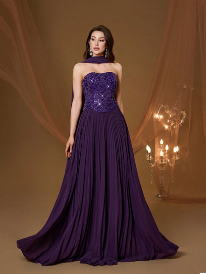 Purple Strapless Beaded Pleated Chiffon Maxi Dress, Elegant Ladies Summer Ball Gown & Bridesmaid Evening Dress With Shawl, Suitable For Party And Holiday