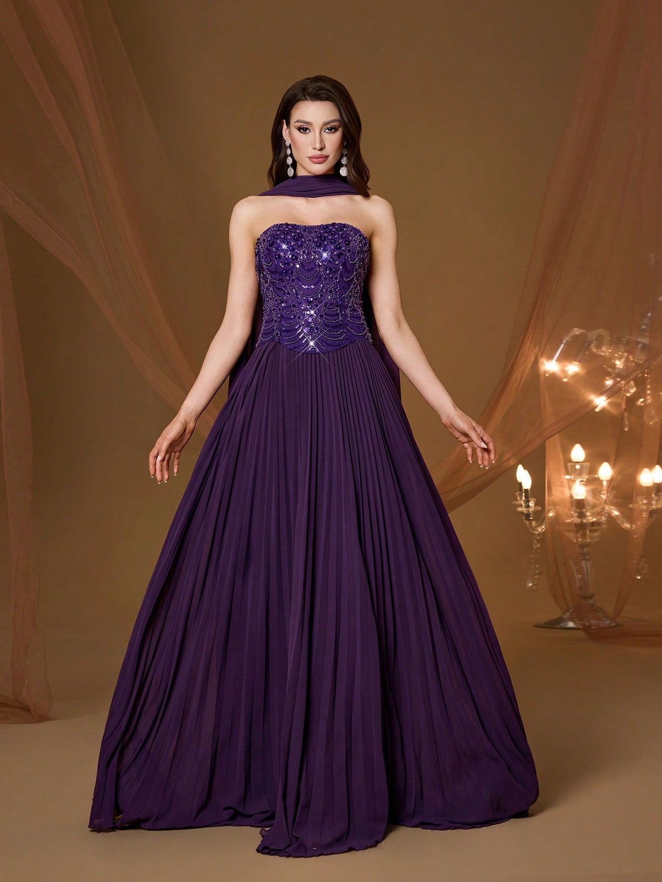 Purple Strapless Beaded Pleated Chiffon Maxi Dress, Elegant Ladies Summer Ball Gown & Bridesmaid Evening Dress With Shawl, Suitable For Party And Holiday
