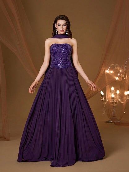 Purple Strapless Beaded Pleated Chiffon Maxi Dress, Elegant Ladies Summer Ball Gown & Bridesmaid Evening Dress With Shawl, Suitable For Party And Holiday