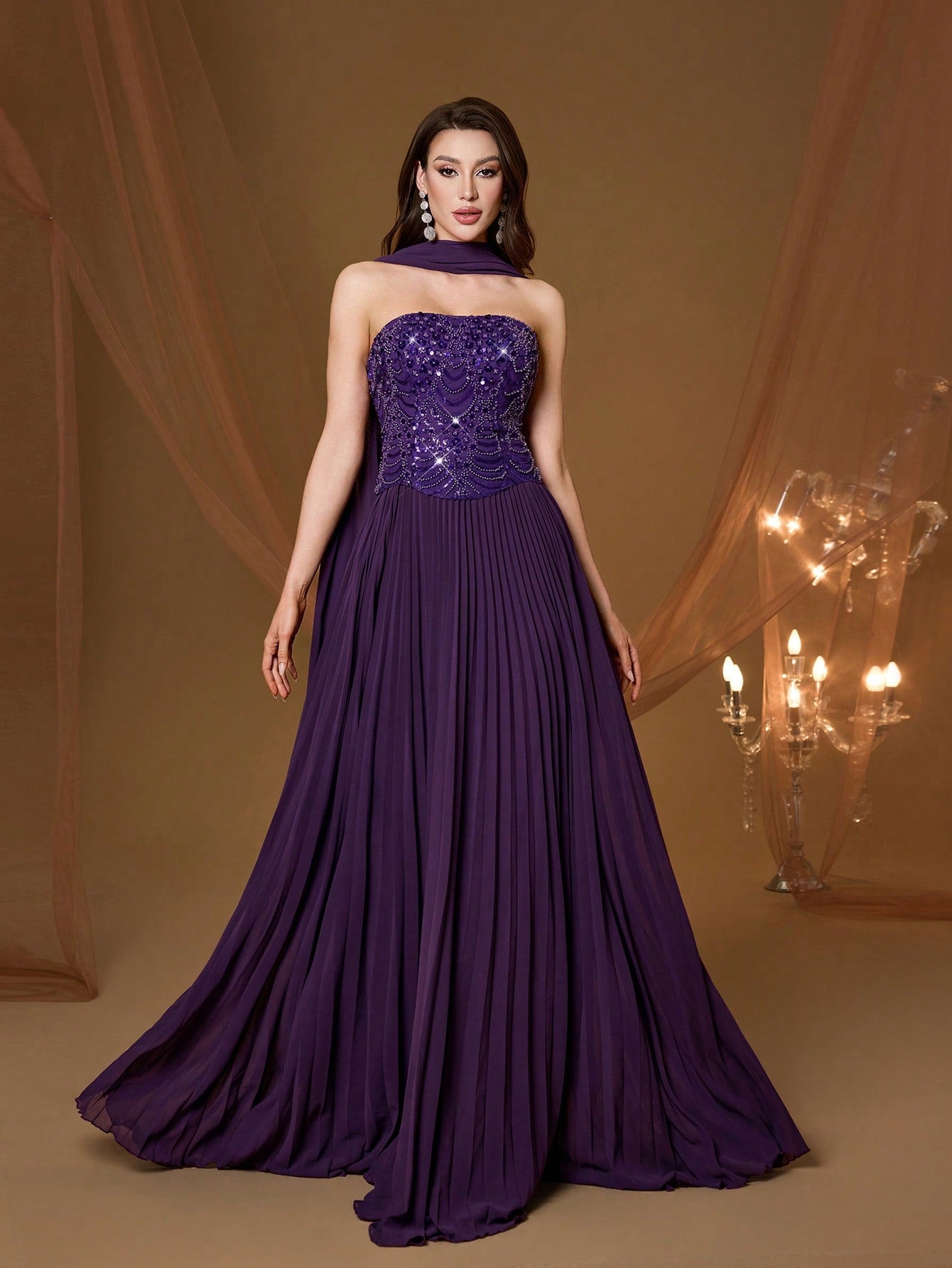 Purple Strapless Beaded Pleated Chiffon Maxi Dress, Elegant Ladies Summer Ball Gown & Bridesmaid Evening Dress With Shawl, Suitable For Party And Holiday