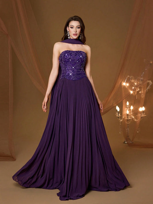 Purple Strapless Beaded Pleated Chiffon Maxi Dress, Elegant Ladies Summer Ball Gown & Bridesmaid Evening Dress With Shawl, Suitable For Party And Holiday