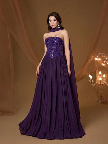 Purple Strapless Beaded Pleated Chiffon Maxi Dress, Elegant Ladies Summer Ball Gown & Bridesmaid Evening Dress With Shawl, Suitable For Party And Holiday