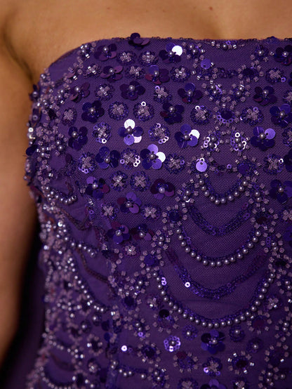 Purple Strapless Beaded Pleated Chiffon Maxi Dress, Elegant Ladies Summer Ball Gown & Bridesmaid Evening Dress With Shawl, Suitable For Party And Holiday