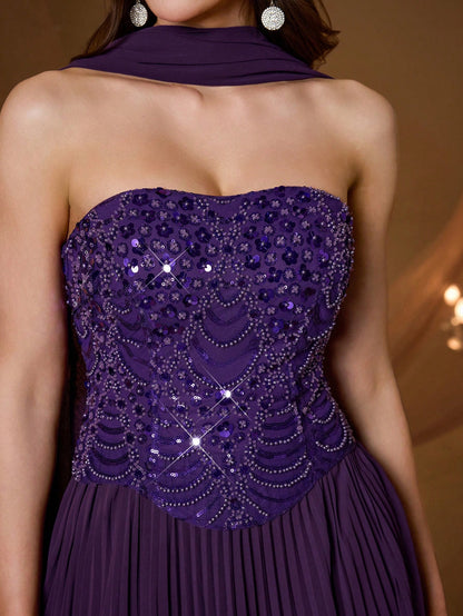 Purple Strapless Beaded Pleated Chiffon Maxi Dress, Elegant Ladies Summer Ball Gown & Bridesmaid Evening Dress With Shawl, Suitable For Party And Holiday